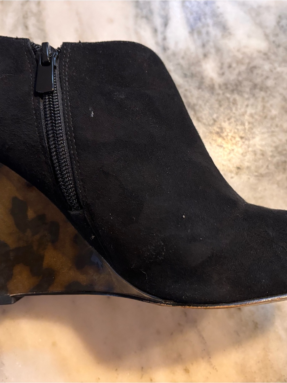 Ann Taylor Black Suede Wedge Ankle Bootie with Side Zip